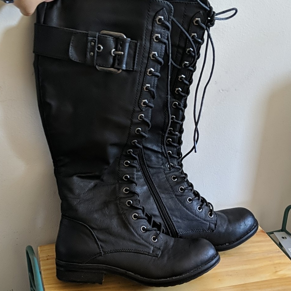 Black Knee High Combat Boots